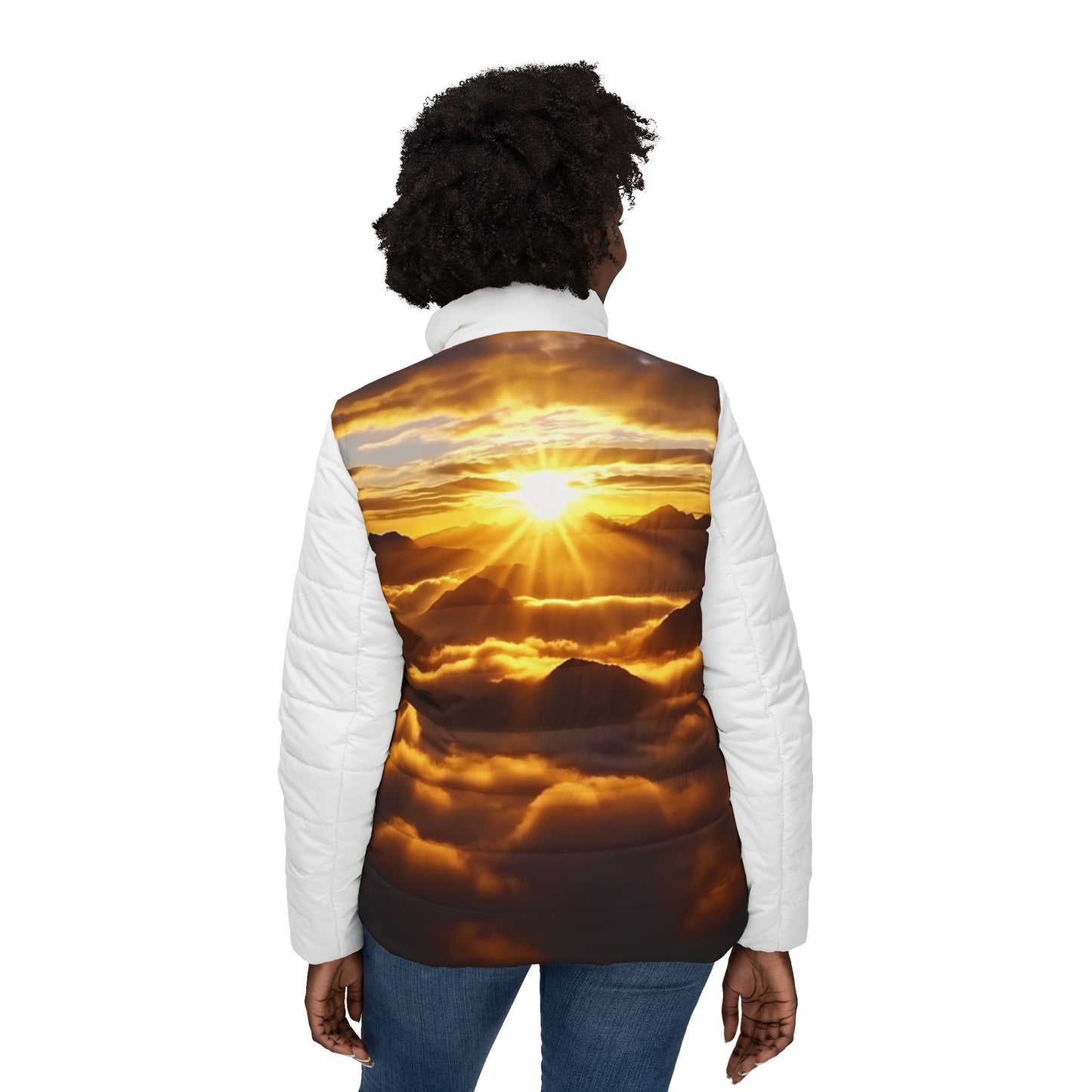 Ms Rainbow-Shine Bright Sunrise Mountain Renewal Puffer Jacket — Women's All-Over-Print