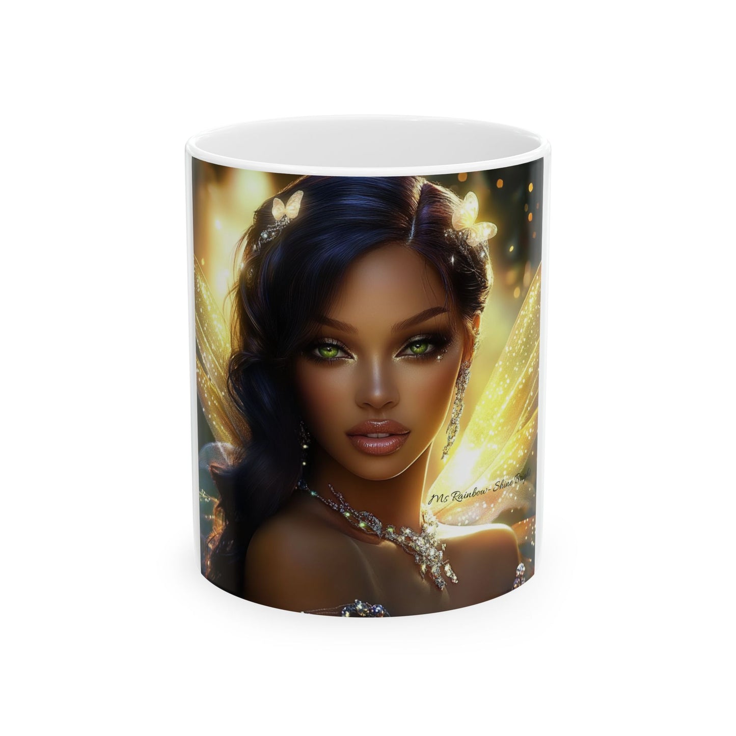 Ms- Rainbow Shine Bright -Elegant Fairy Portrait Ceramic Mug - Enchanting 11oz Coffee Cup